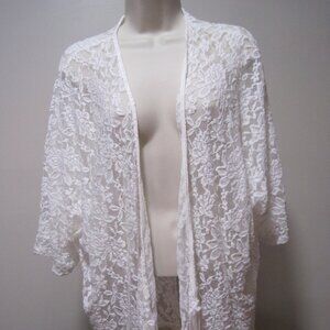 Mauve Lace Crocheted 3/4 Sleeve Large White Fringed Bottom Open Front Cover-up